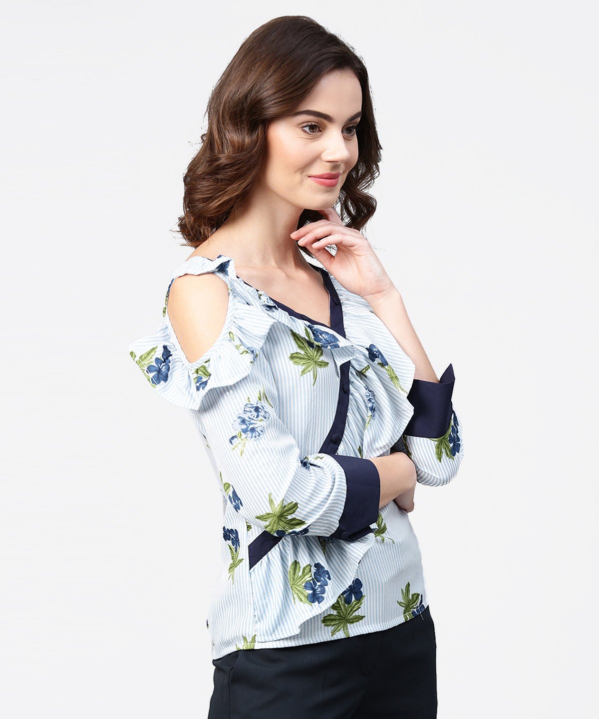 Blue Striped 3/4Th Sleeve Cold Shoulder Ruffle Top | LASVINI - Redefining Indian Fashion with Elegance