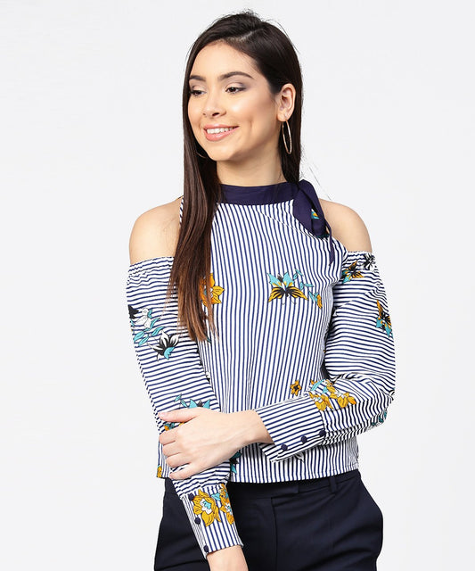 Blue Striped Flower Print Full Sleeve Cold Shoulder Top | LASVINI - Redefining Indian Fashion with Elegance