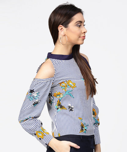 Blue Striped Flower Print Full Sleeve Cold Shoulder Top | LASVINI - Redefining Indian Fashion with Elegance