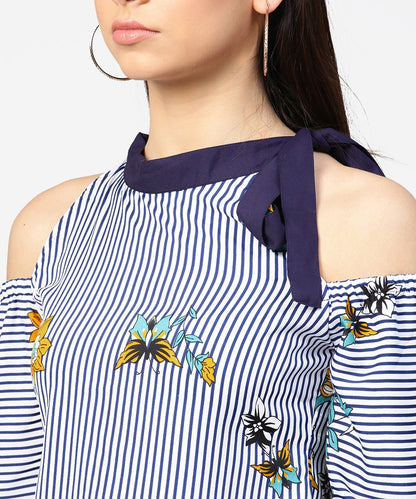 Blue Striped Flower Print Full Sleeve Cold Shoulder Top | LASVINI - Redefining Indian Fashion with Elegance