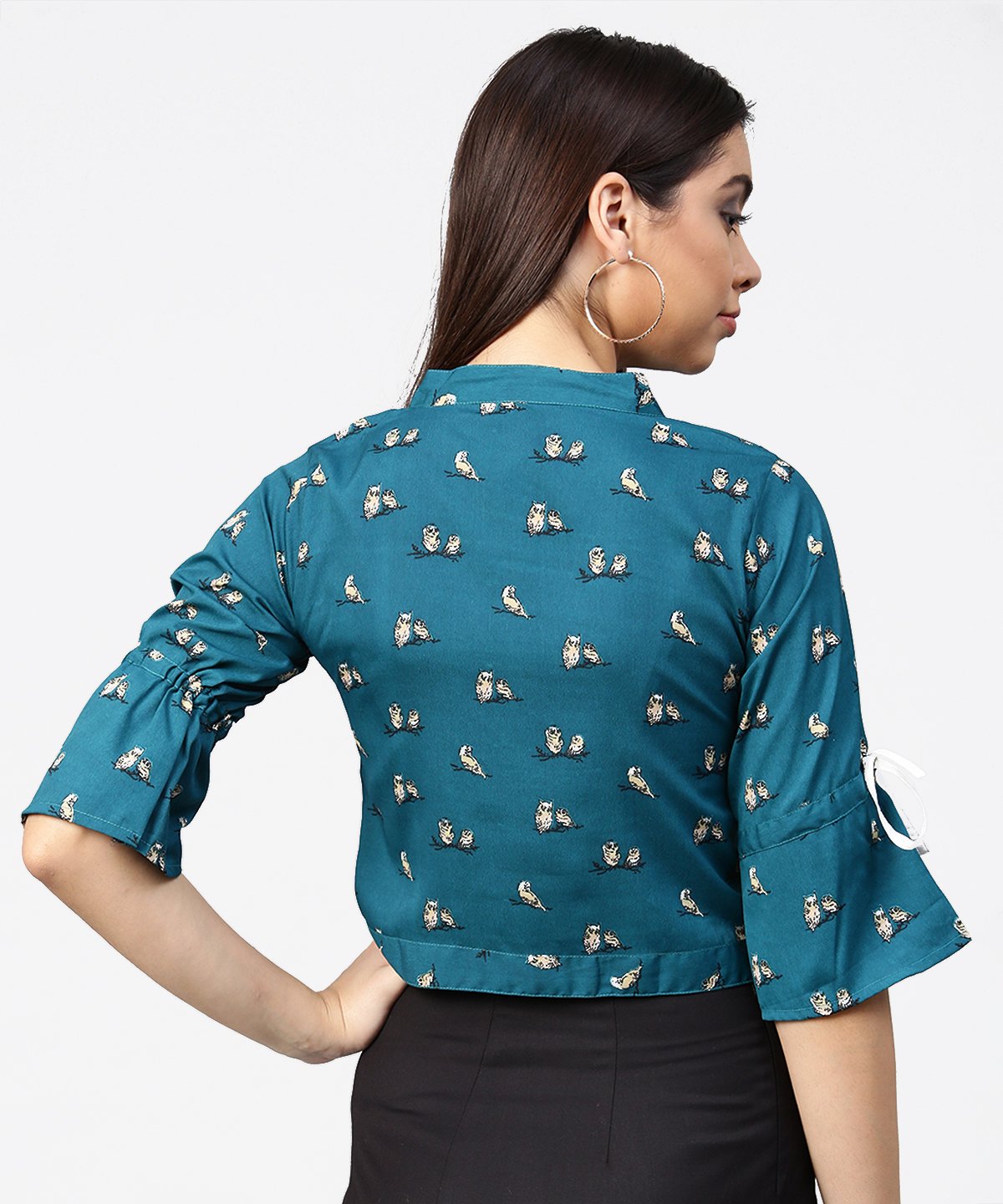 Teal Blue 3/4Th Sleeve Front Open Crop Top With Dori & Belt | LASVINI - Redefining Indian Fashion with Elegance