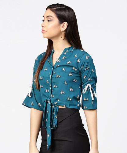 Teal Blue 3/4Th Sleeve Front Open Crop Top With Dori & Belt | LASVINI - Redefining Indian Fashion with Elegance