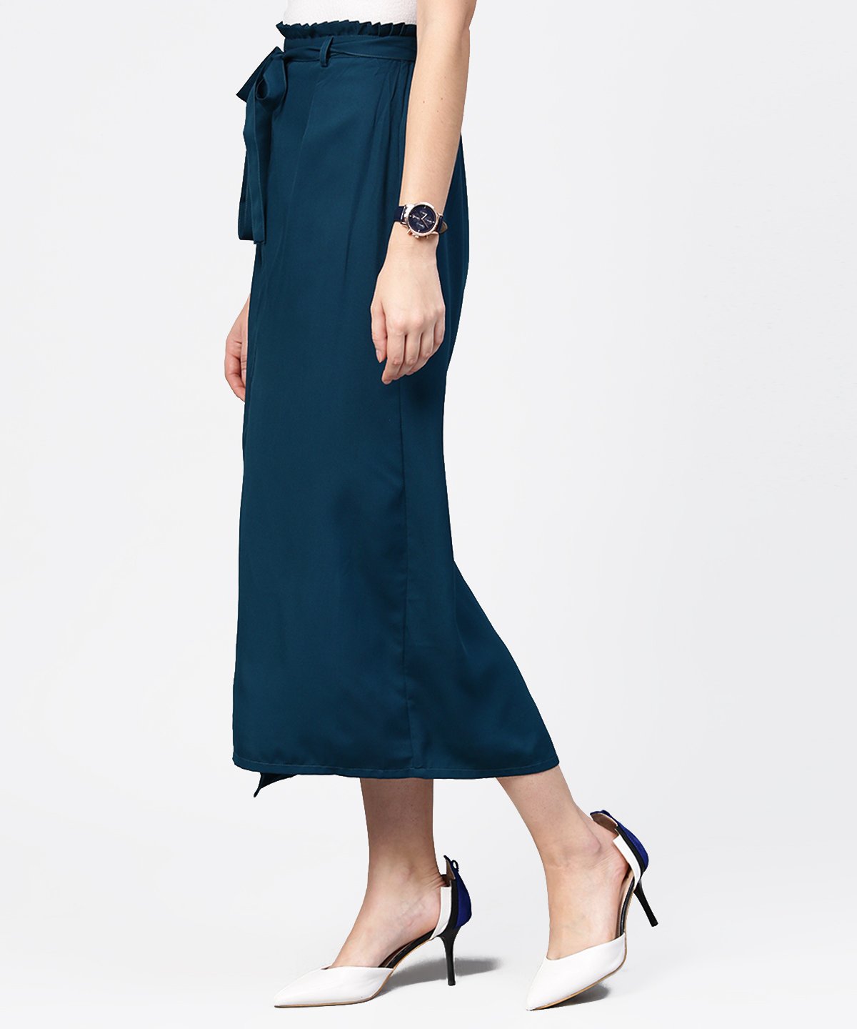 Denim Blue Ankle Length Trouser With Belt | LASVINI - Redefining Indian Fashion with Elegance