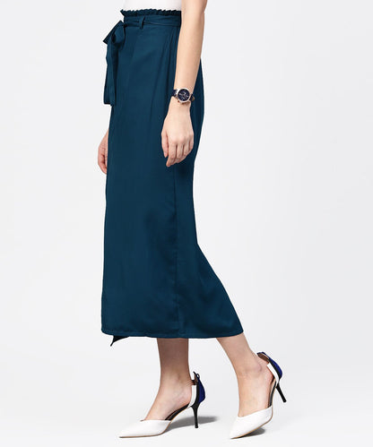 Denim Blue Ankle Length Trouser With Belt | LASVINI - Redefining Indian Fashion with Elegance