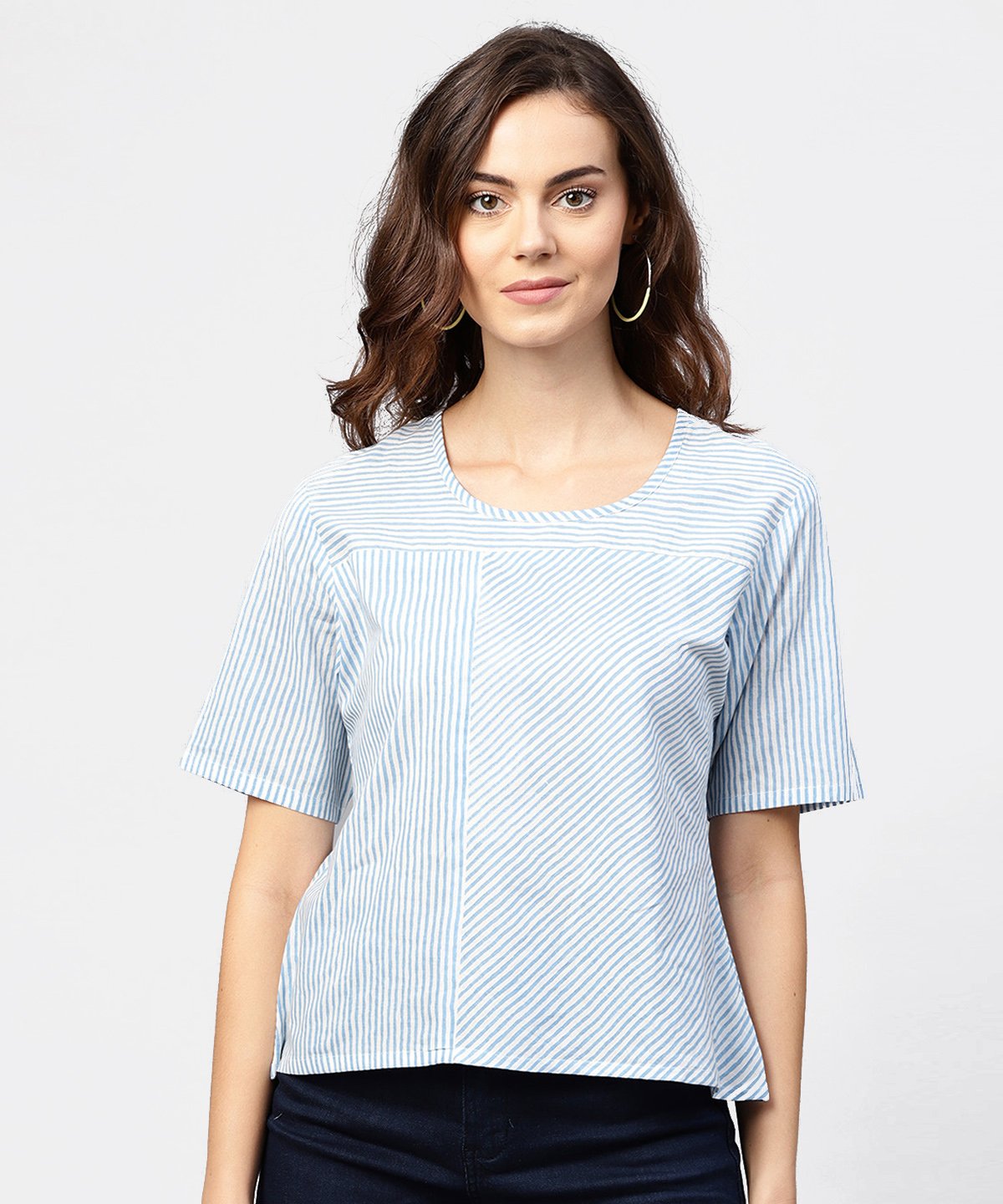 Blue Striped Short Sleeve Top With Round Neck | LASVINI - Redefining Indian Fashion with Elegance