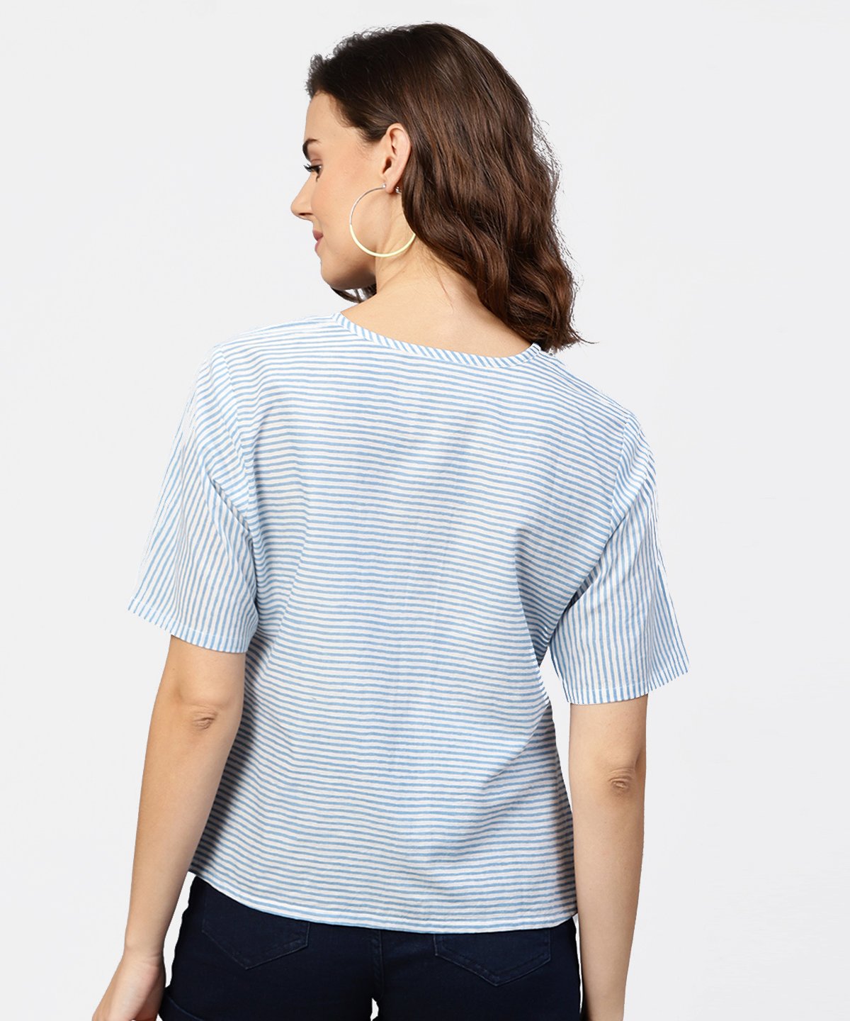 Blue Striped Short Sleeve Top With Round Neck | LASVINI - Redefining Indian Fashion with Elegance