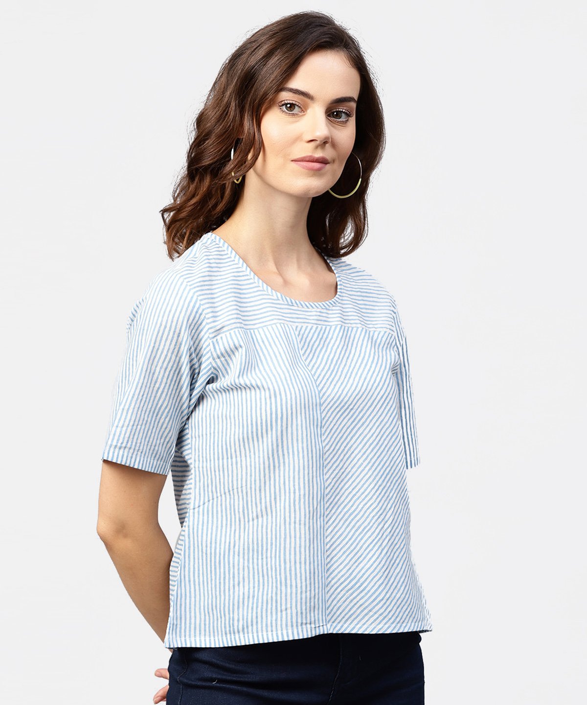 Blue Striped Short Sleeve Top With Round Neck | LASVINI - Redefining Indian Fashion with Elegance