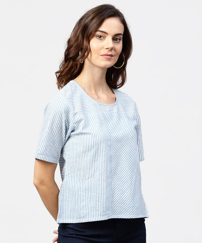 Blue Striped Short Sleeve Top With Round Neck | LASVINI - Redefining Indian Fashion with Elegance