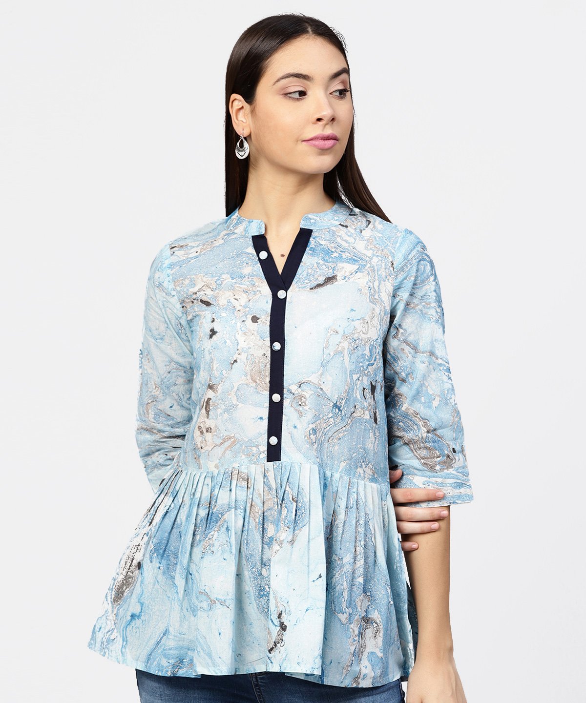 Marble Printed Chinese Collared, Pleated Yoke With 3/4Th Sleeves Top | LASVINI - Redefining Indian Fashion with Elegance