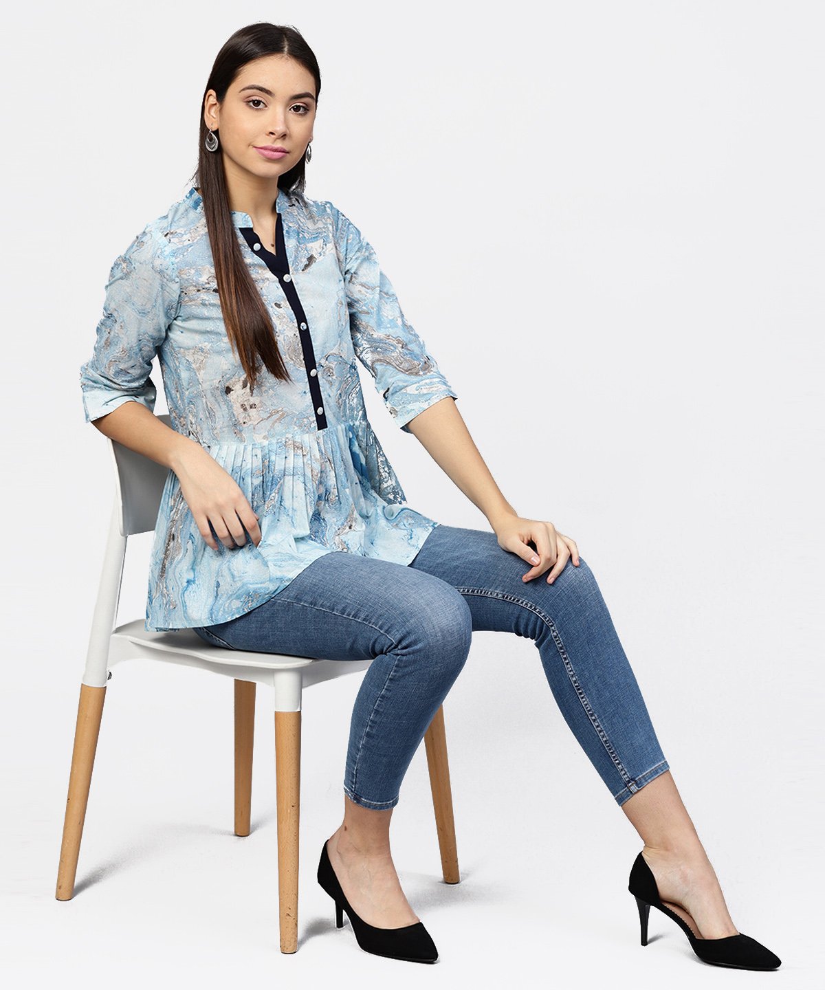 Marble Printed Chinese Collared, Pleated Yoke With 3/4Th Sleeves Top | LASVINI - Redefining Indian Fashion with Elegance