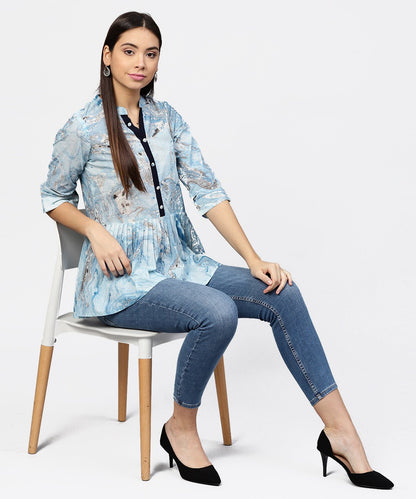 Marble Printed Chinese Collared, Pleated Yoke With 3/4Th Sleeves Top | LASVINI - Redefining Indian Fashion with Elegance