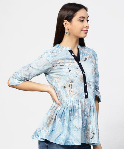 Marble Printed Chinese Collared, Pleated Yoke With 3/4Th Sleeves Top | LASVINI - Redefining Indian Fashion with Elegance