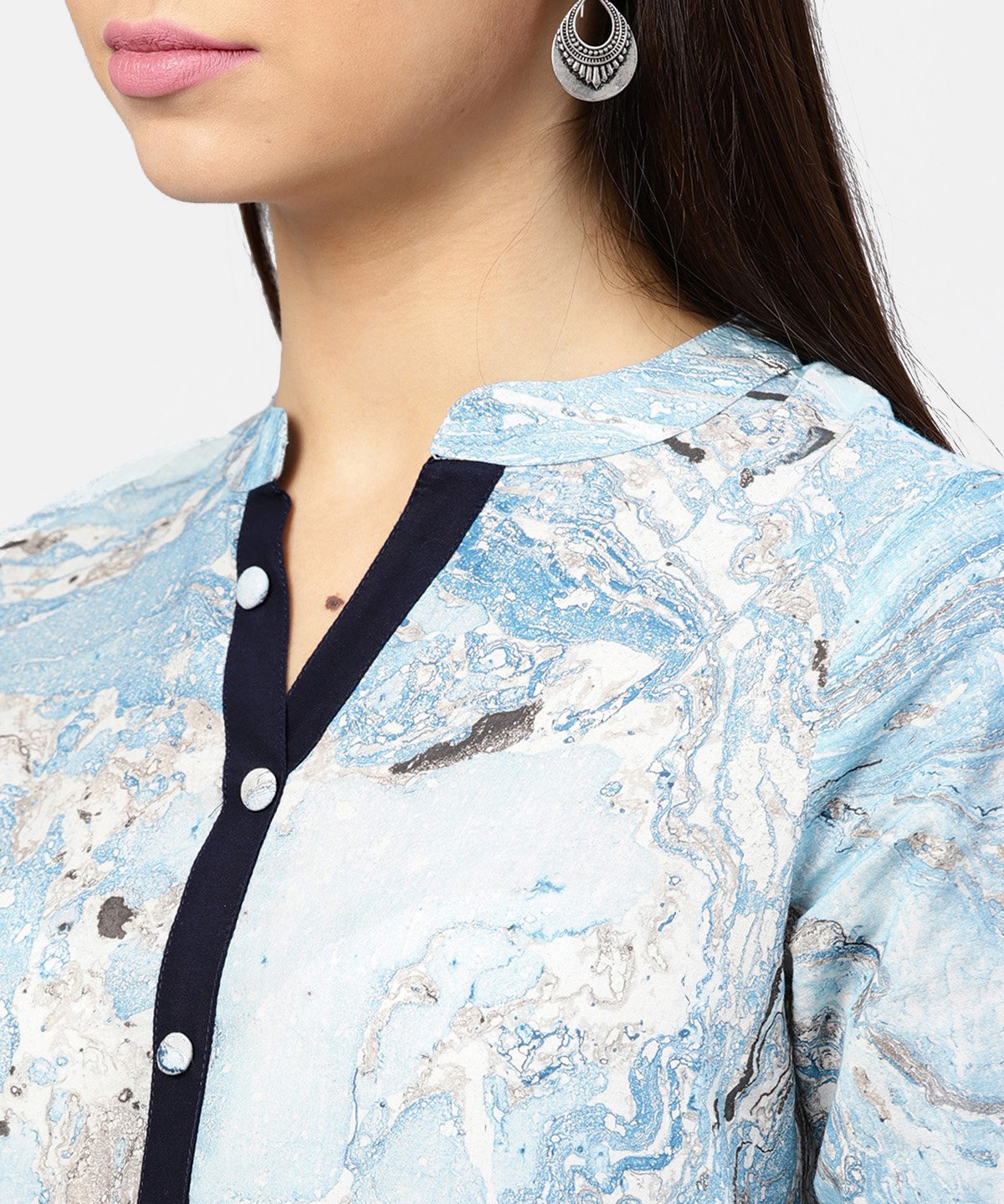 Marble Printed Chinese Collared, Pleated Yoke With 3/4Th Sleeves Top | LASVINI - Redefining Indian Fashion with Elegance