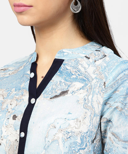 Marble Printed Chinese Collared, Pleated Yoke With 3/4Th Sleeves Top | LASVINI - Redefining Indian Fashion with Elegance