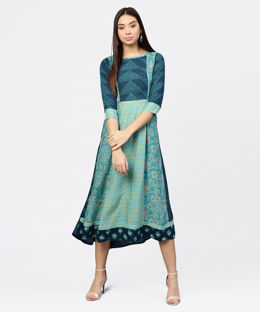 Multi Printed Round Neck Gathered Panels With 3/4Th Sleeves Maxi Dress | LASVINI - Redefining Indian Fashion with Elegance