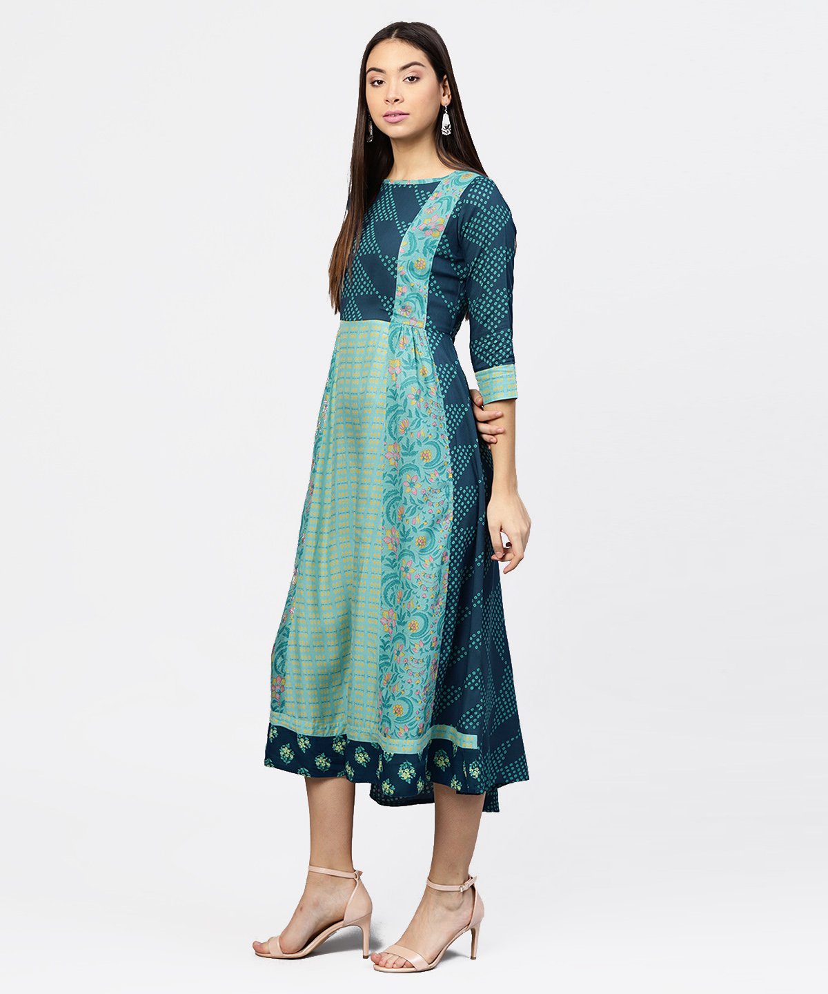 Multi Printed Round Neck Gathered Panels With 3/4Th Sleeves Maxi Dress | LASVINI - Redefining Indian Fashion with Elegance