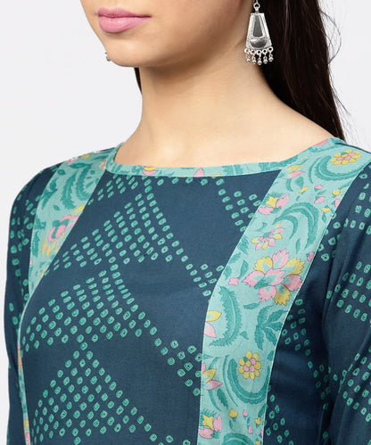 Multi Printed Round Neck Gathered Panels With 3/4Th Sleeves Maxi Dress | LASVINI - Redefining Indian Fashion with Elegance