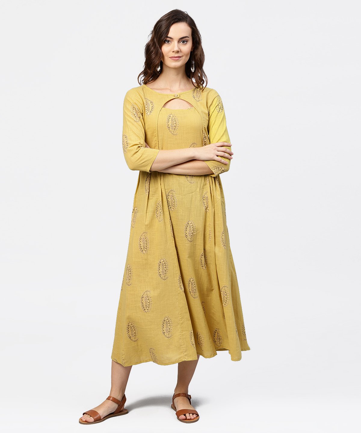 Mustard Printed Round Neck With Loop And Button In Front, Pleated With 3/4Th Sleeves Dress | LASVINI - Redefining Indian Fashion with Elegance