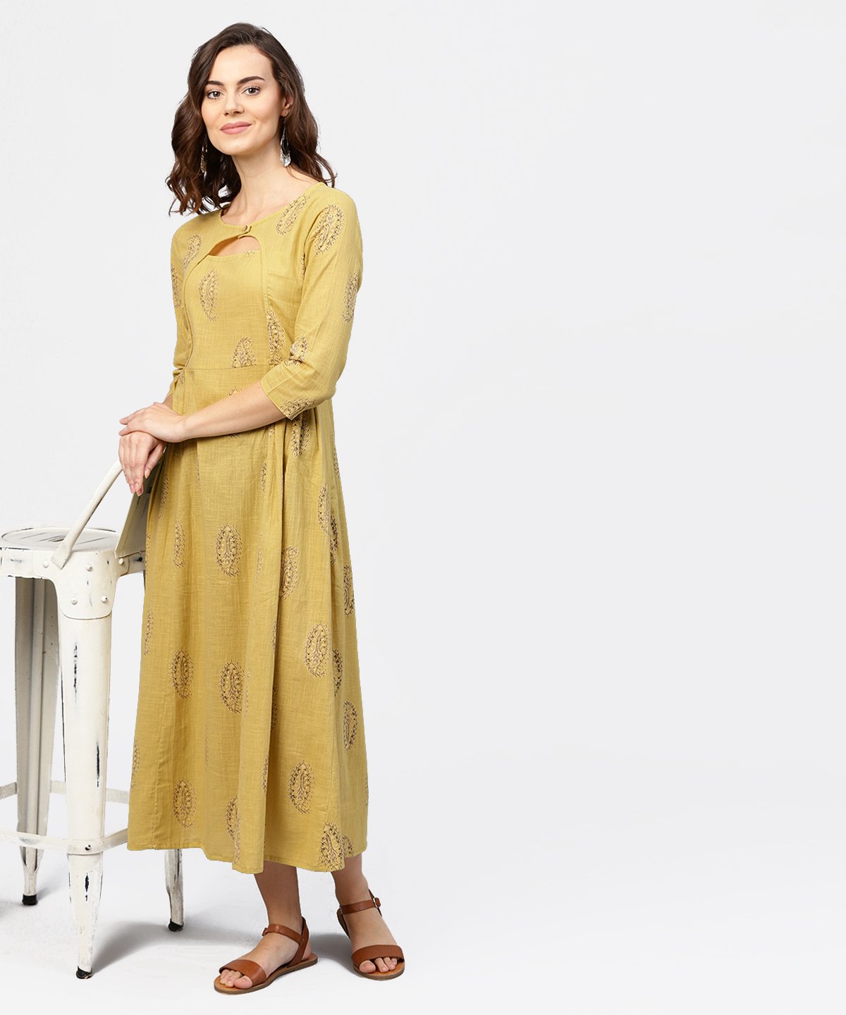 Mustard Printed Round Neck With Loop And Button In Front, Pleated With 3/4Th Sleeves Dress | LASVINI - Redefining Indian Fashion with Elegance