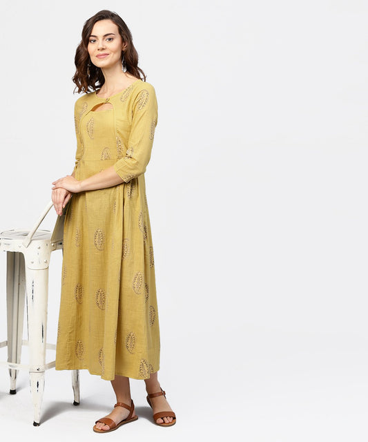 Mustard Printed Round Neck With Loop And Button In Front, Pleated With 3/4Th Sleeves Dress | LASVINI - Redefining Indian Fashion with Elegance