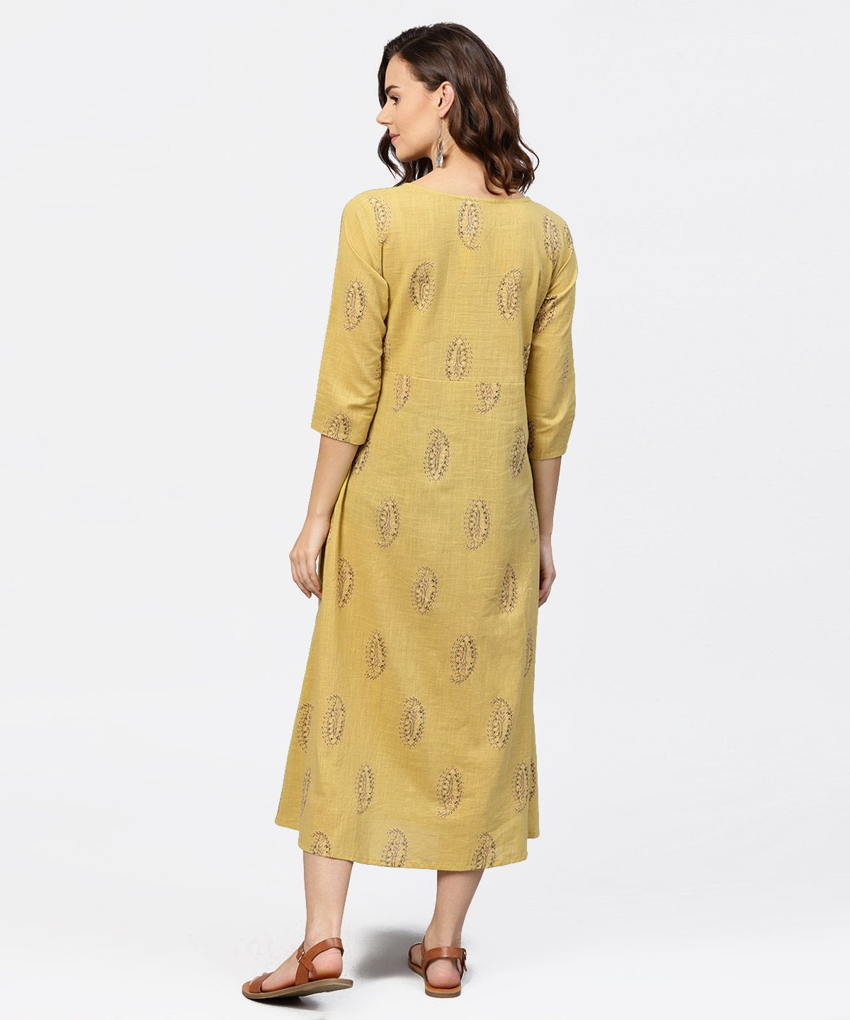 Mustard Printed Round Neck With Loop And Button In Front, Pleated With 3/4Th Sleeves Dress | LASVINI - Redefining Indian Fashion with Elegance
