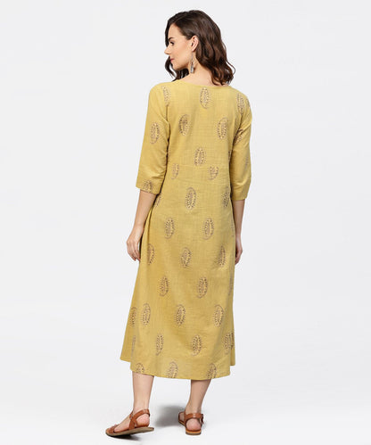 Mustard Printed Round Neck With Loop And Button In Front, Pleated With 3/4Th Sleeves Dress | LASVINI - Redefining Indian Fashion with Elegance
