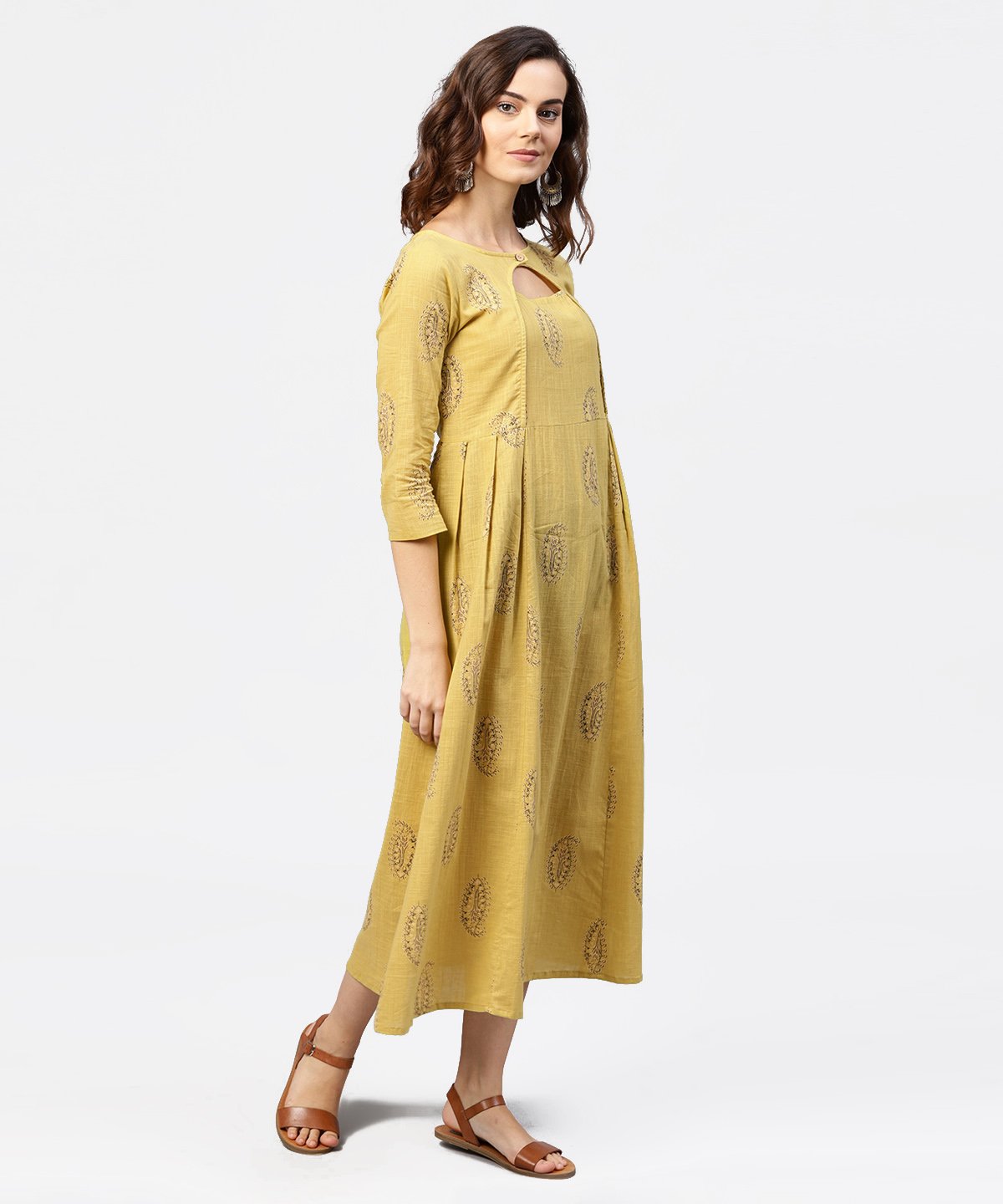 Mustard Printed Round Neck With Loop And Button In Front, Pleated With 3/4Th Sleeves Dress | LASVINI - Redefining Indian Fashion with Elegance
