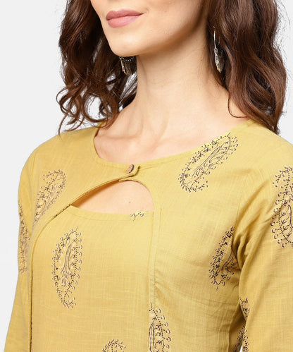 Mustard Printed Round Neck With Loop And Button In Front, Pleated With 3/4Th Sleeves Dress | LASVINI - Redefining Indian Fashion with Elegance
