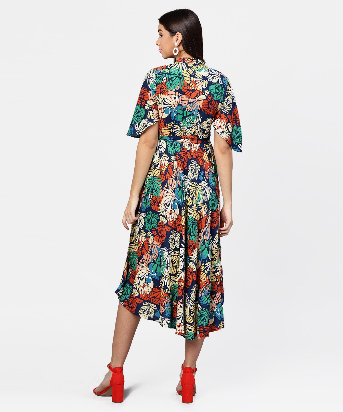 Floral Printed Chinese Collared With Attached Belt And 3/4Th Sleeves Maxi Dress | LASVINI - Redefining Indian Fashion with Elegance
