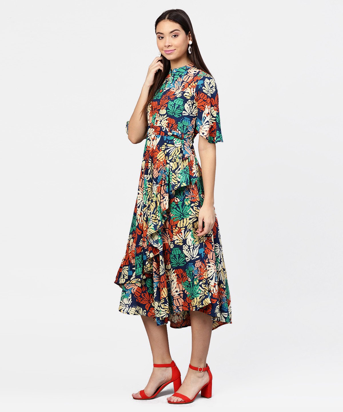 Floral Printed Chinese Collared With Attached Belt And 3/4Th Sleeves Maxi Dress | LASVINI - Redefining Indian Fashion with Elegance