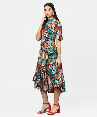 Floral Printed Chinese Collared With Attached Belt And 3/4Th Sleeves Maxi Dress | LASVINI - Redefining Indian Fashion with Elegance