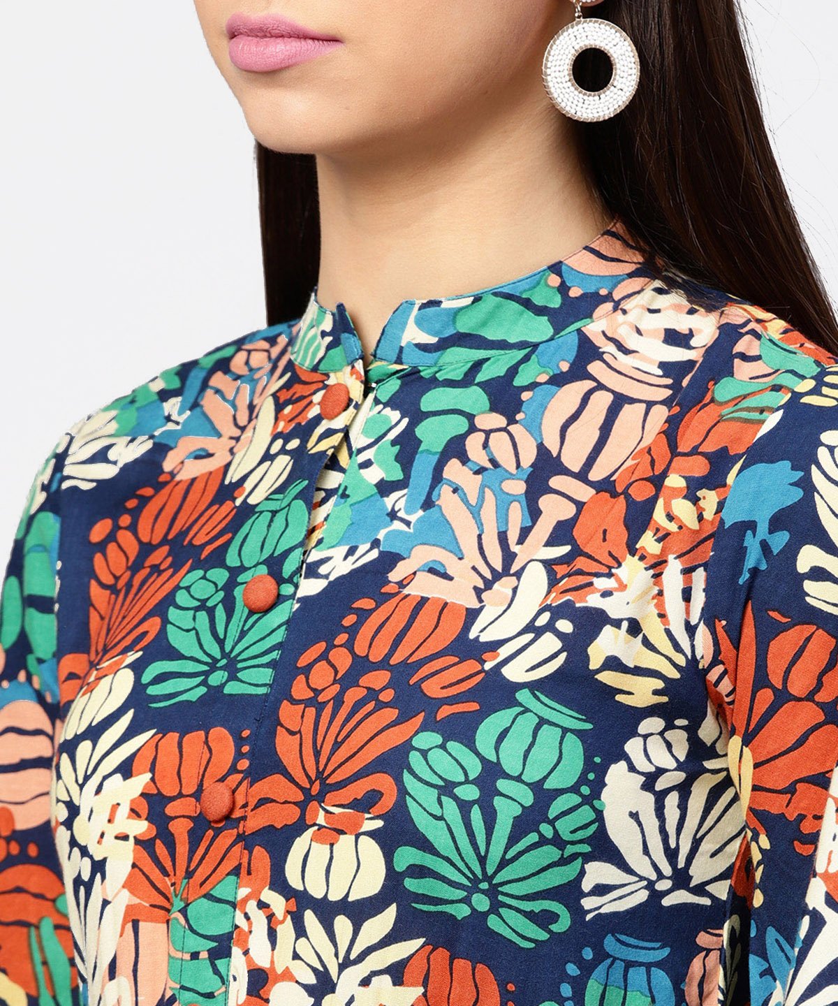 Floral Printed Chinese Collared With Attached Belt And 3/4Th Sleeves Maxi Dress | LASVINI - Redefining Indian Fashion with Elegance