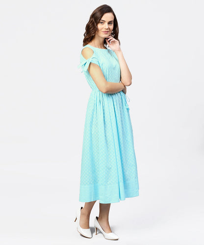 Printed Round Neck With A Draw-String At Yoke And Knotted Short Sleeves Maxi Dress | LASVINI - Redefining Indian Fashion with Elegance