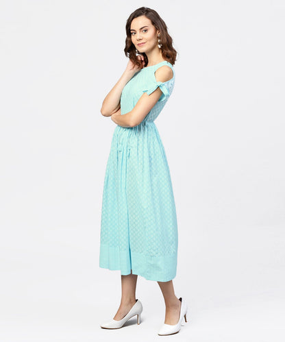 Printed Round Neck With A Draw-String At Yoke And Knotted Short Sleeves Maxi Dress | LASVINI - Redefining Indian Fashion with Elegance