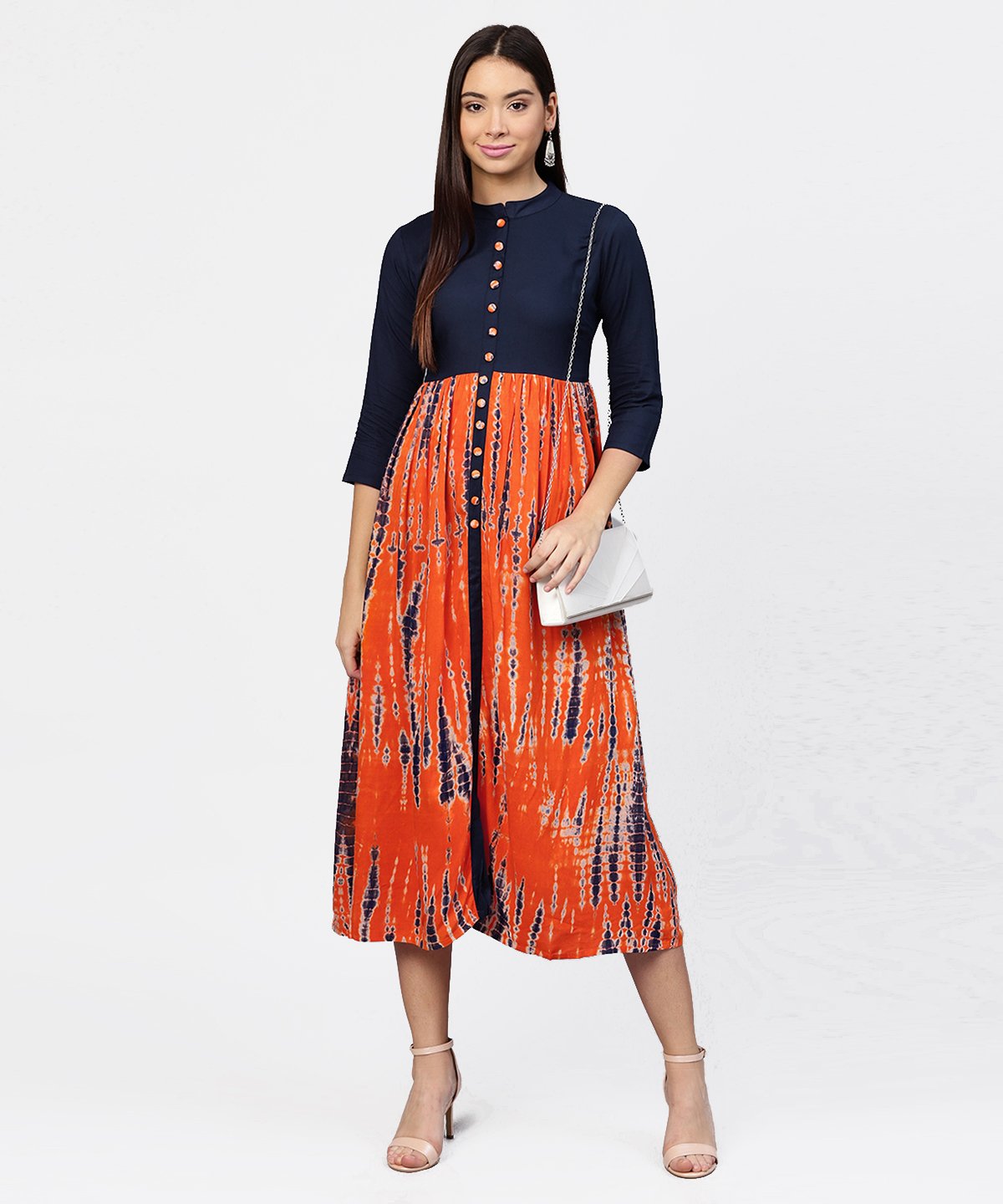 Printed Tye-Dye Chinese Collared 3/4Th Sleeves Maxi Dress | LASVINI - Redefining Indian Fashion with Elegance