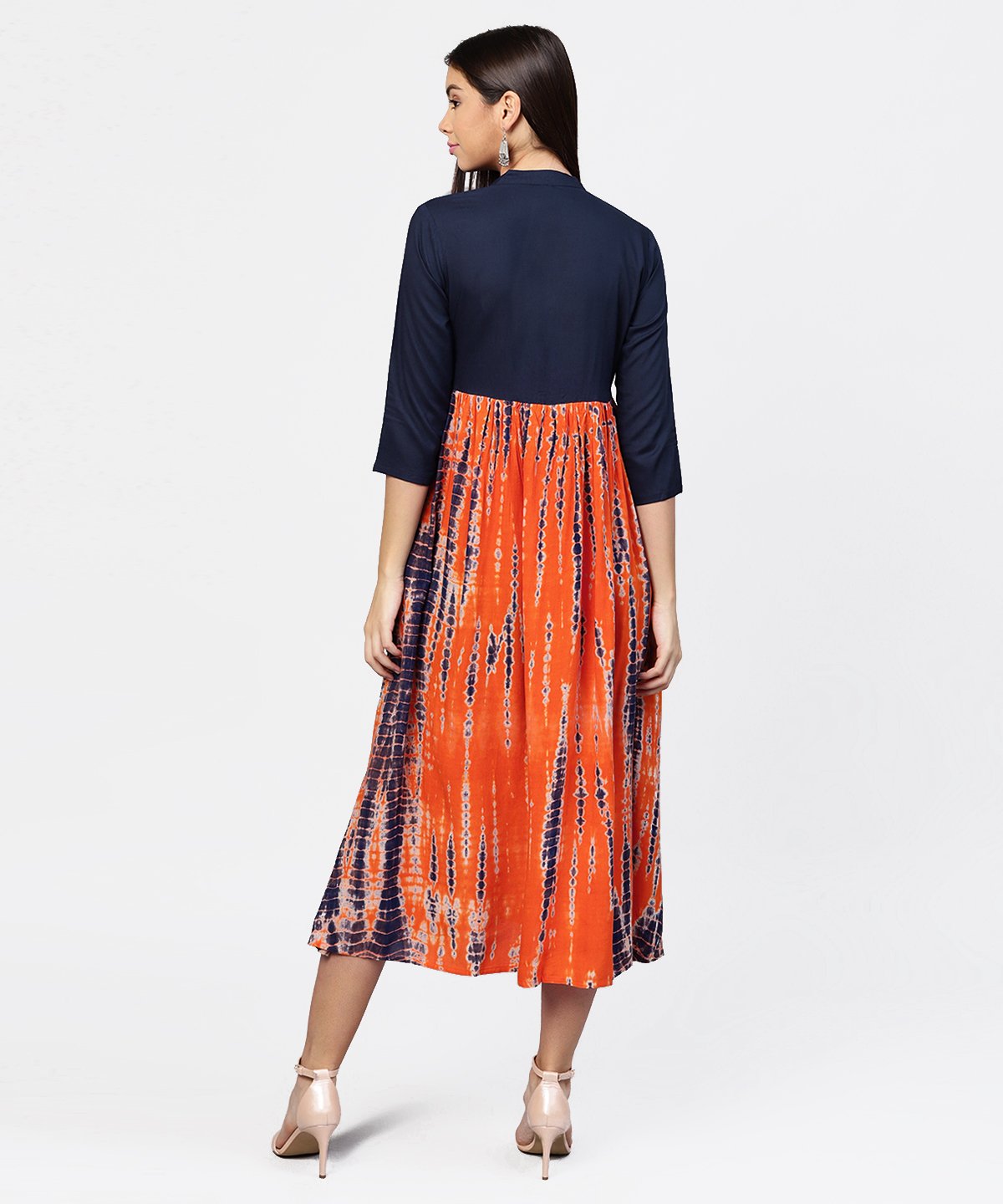 Printed Tye-Dye Chinese Collared 3/4Th Sleeves Maxi Dress | LASVINI - Redefining Indian Fashion with Elegance