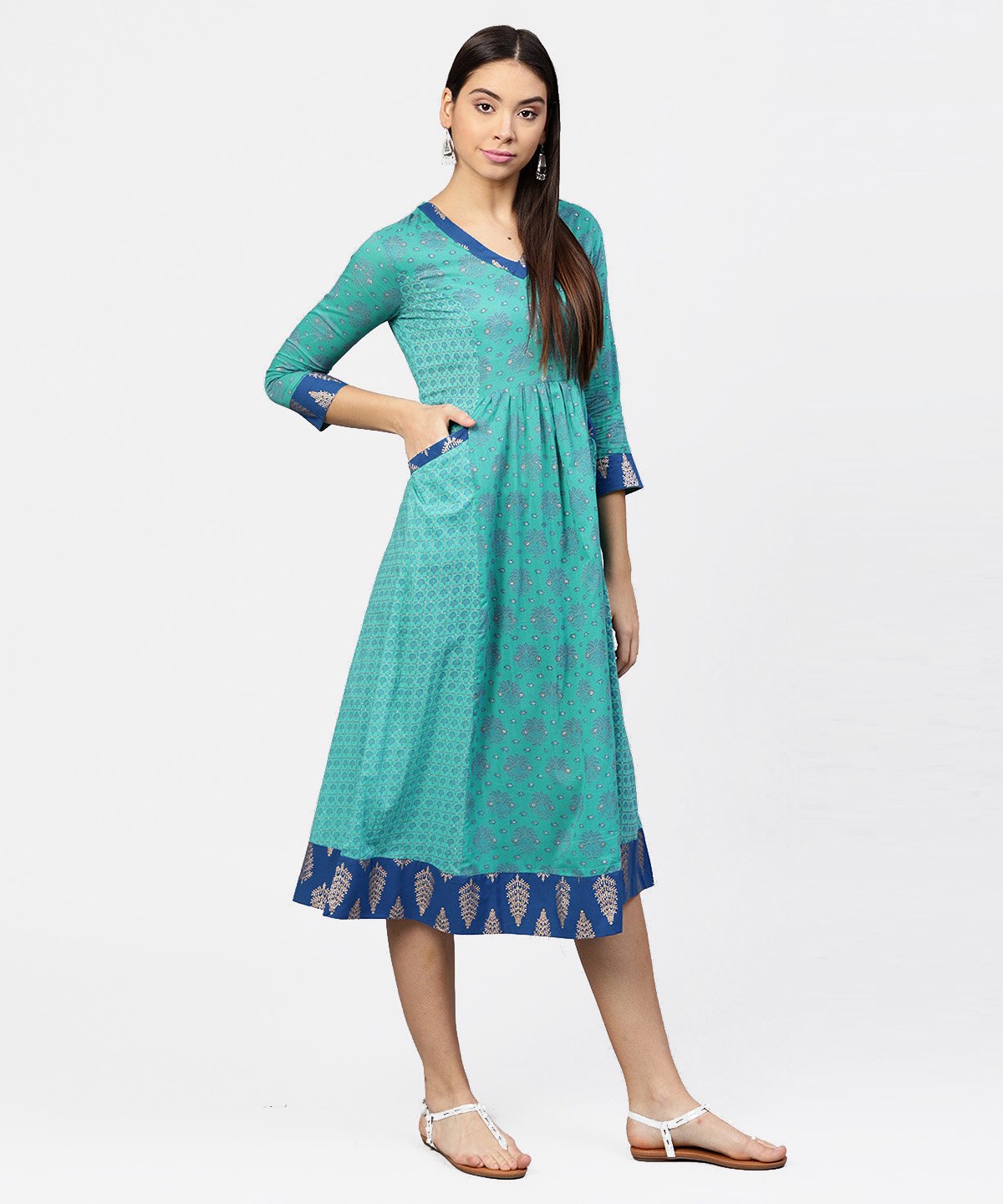 Printed V-Neck Panelled With Patch Pockets And 3/4Th Sleeved Maxi Dress | LASVINI - Redefining Indian Fashion with Elegance