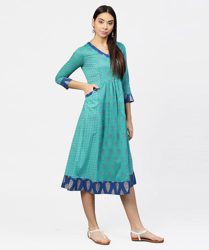 Printed V-Neck Panelled With Patch Pockets And 3/4Th Sleeved Maxi Dress | LASVINI - Redefining Indian Fashion with Elegance