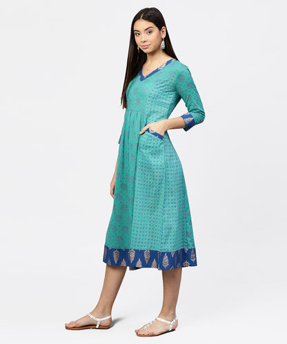 Printed V-Neck Panelled With Patch Pockets And 3/4Th Sleeved Maxi Dress | LASVINI - Redefining Indian Fashion with Elegance