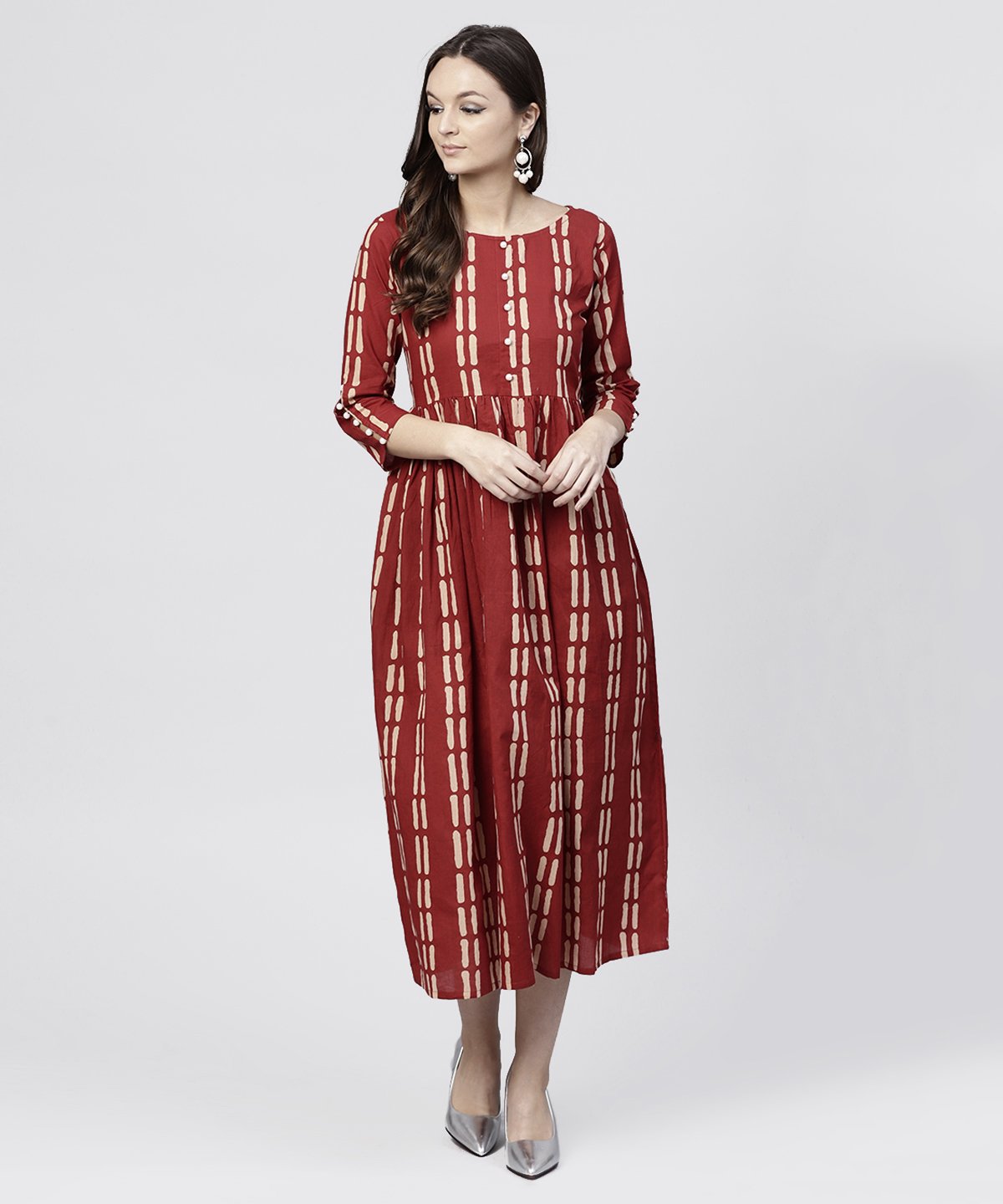 Maroon Printed Cotton Maxi Dress With 3/4 Sleeve Embellished With Pearls | LASVINI - Redefining Indian Fashion with Elegance