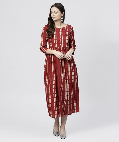 Maroon Printed Cotton Maxi Dress With 3/4 Sleeve Embellished With Pearls | LASVINI - Redefining Indian Fashion with Elegance