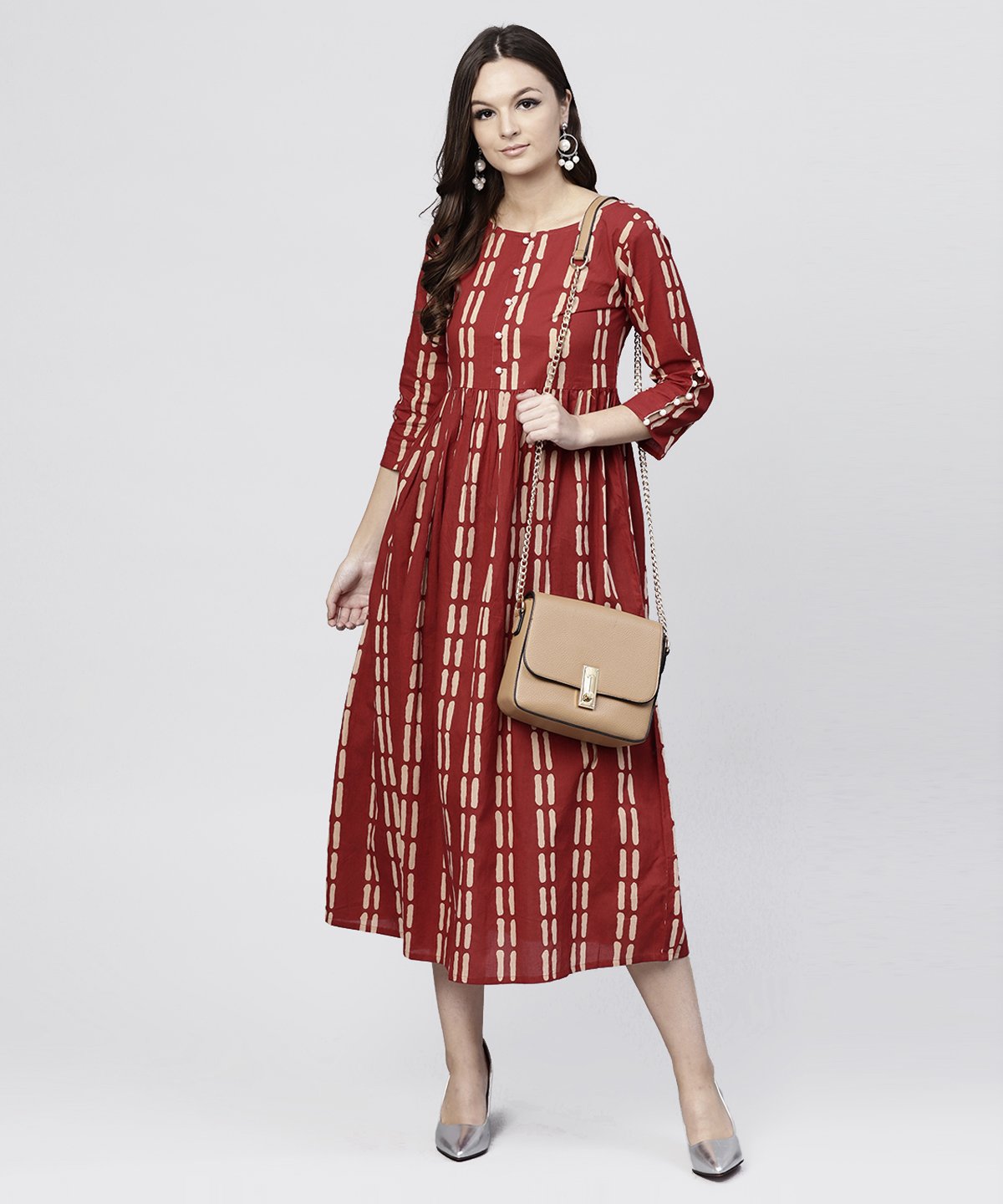 Maroon Printed Cotton Maxi Dress With 3/4 Sleeve Embellished With Pearls | LASVINI - Redefining Indian Fashion with Elegance