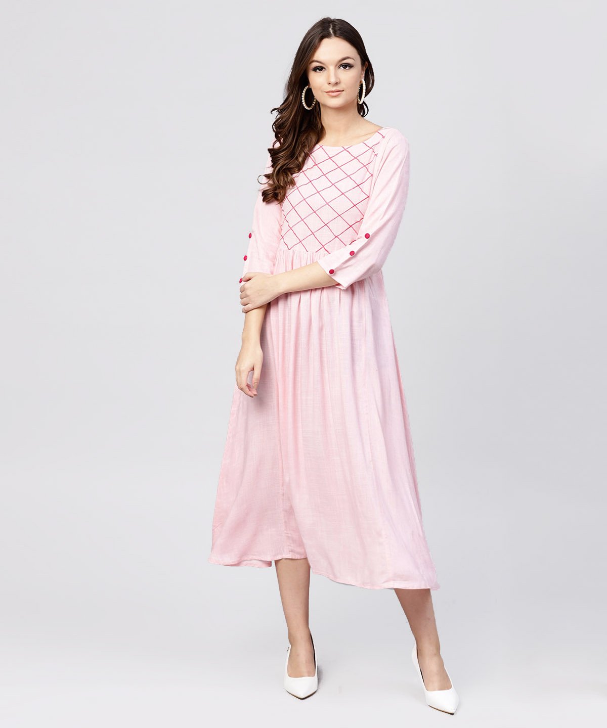 Rayon Pink Embroidered Full Sleeves Pleated Maxi Dress | LASVINI - Redefining Indian Fashion with Elegance