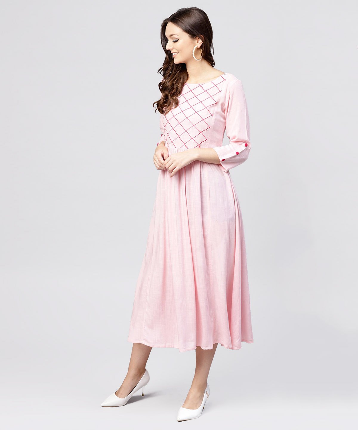 Rayon Pink Embroidered Full Sleeves Pleated Maxi Dress | LASVINI - Redefining Indian Fashion with Elegance