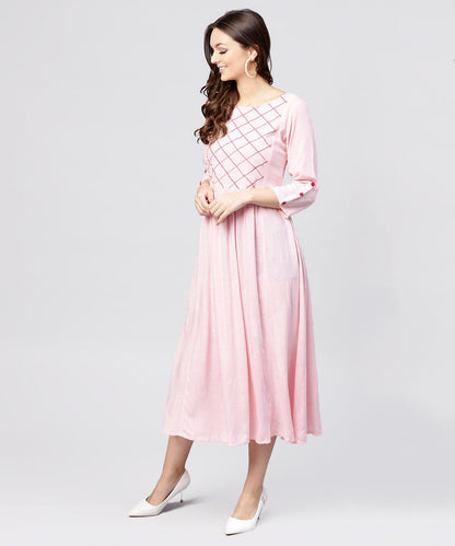Rayon Pink Embroidered Full Sleeves Pleated Maxi Dress | LASVINI - Redefining Indian Fashion with Elegance