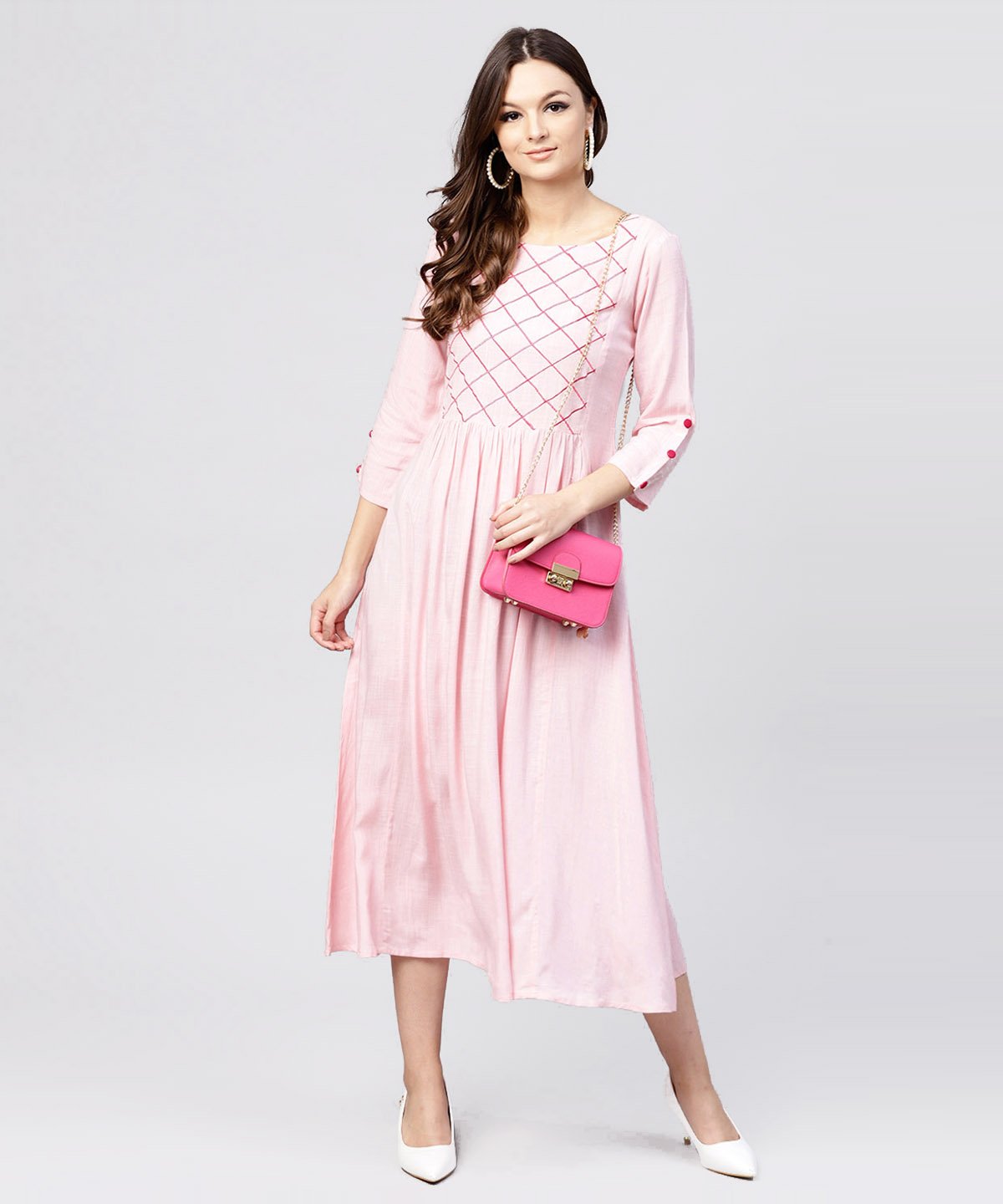Rayon Pink Embroidered Full Sleeves Pleated Maxi Dress | LASVINI - Redefining Indian Fashion with Elegance