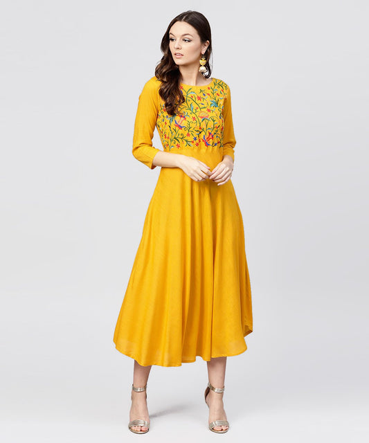 Yellow Round Neck Embroidered Full Sleeves Rayon Maxi Dress | LASVINI - Redefining Indian Fashion with Elegance