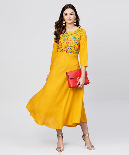 Yellow Round Neck Embroidered Full Sleeves Rayon Maxi Dress | LASVINI - Redefining Indian Fashion with Elegance