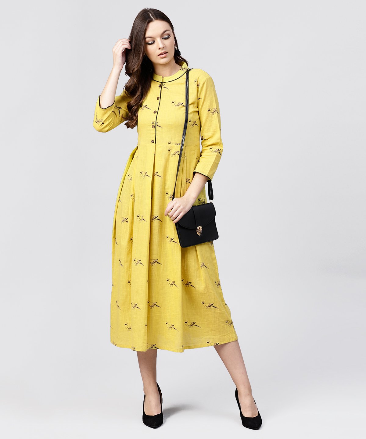 Mustard Full Sleeves Cotton Maxi Dress With Mandarin Collar And Front Placket | LASVINI - Redefining Indian Fashion with Elegance