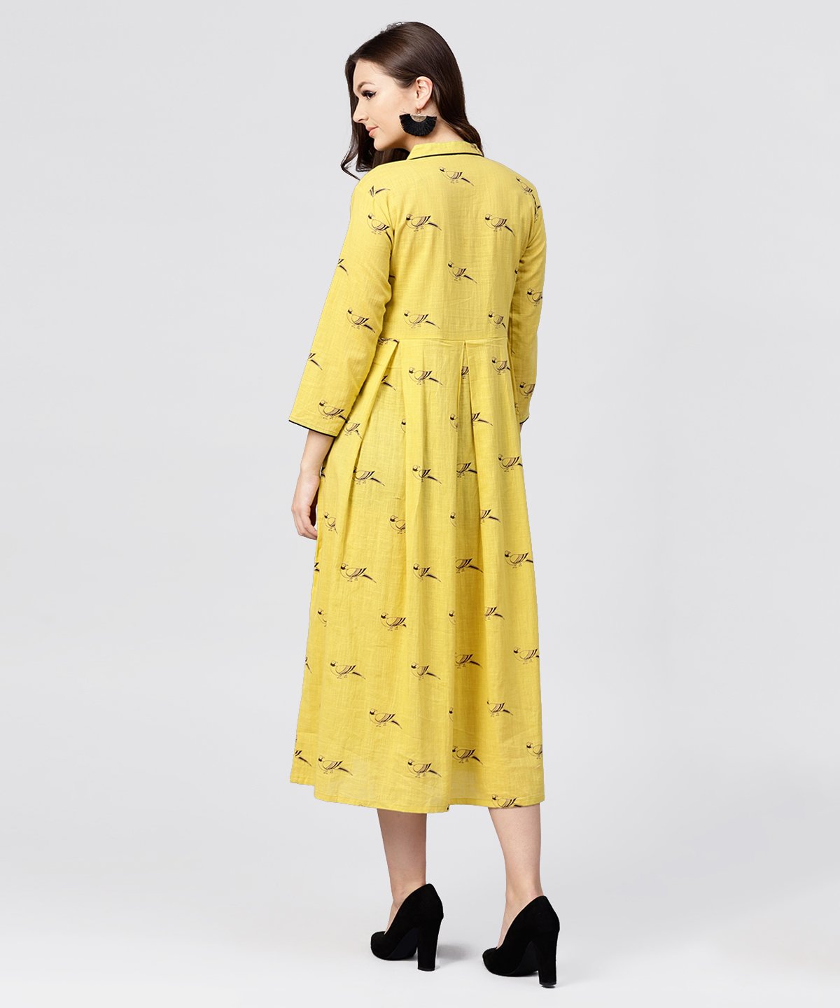 Mustard Full Sleeves Cotton Maxi Dress With Mandarin Collar And Front Placket | LASVINI - Redefining Indian Fashion with Elegance
